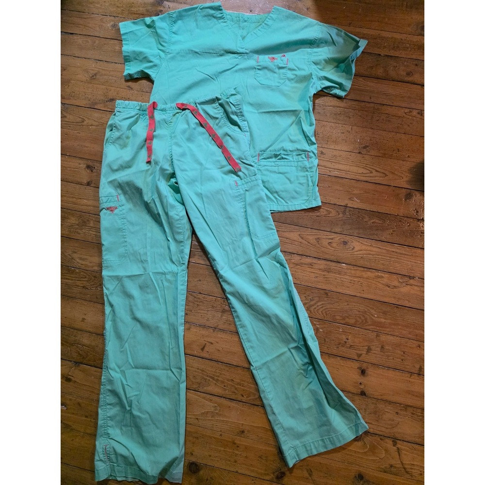 Iguana Green Care Cotour Scrub Set V-Neck Top and Cargo Pants Pink Accents Small